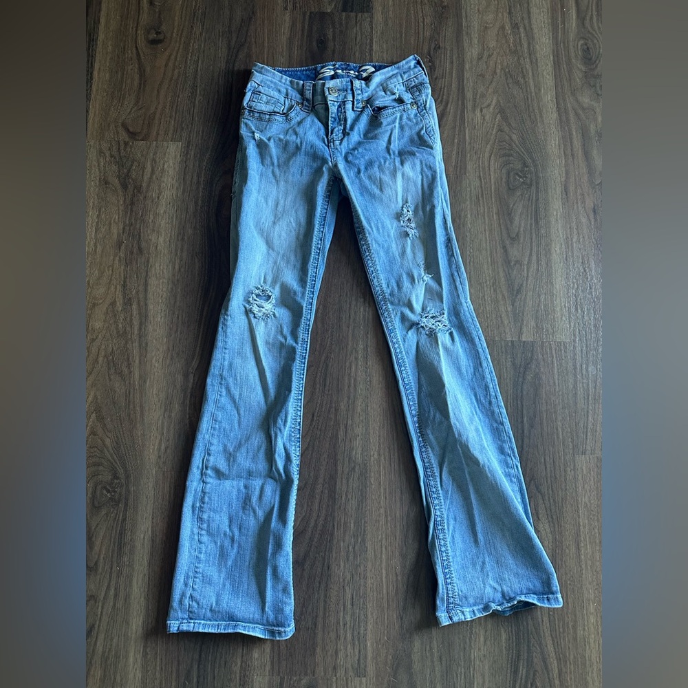 Seven7 Light Blue Distressed Flare Jeans